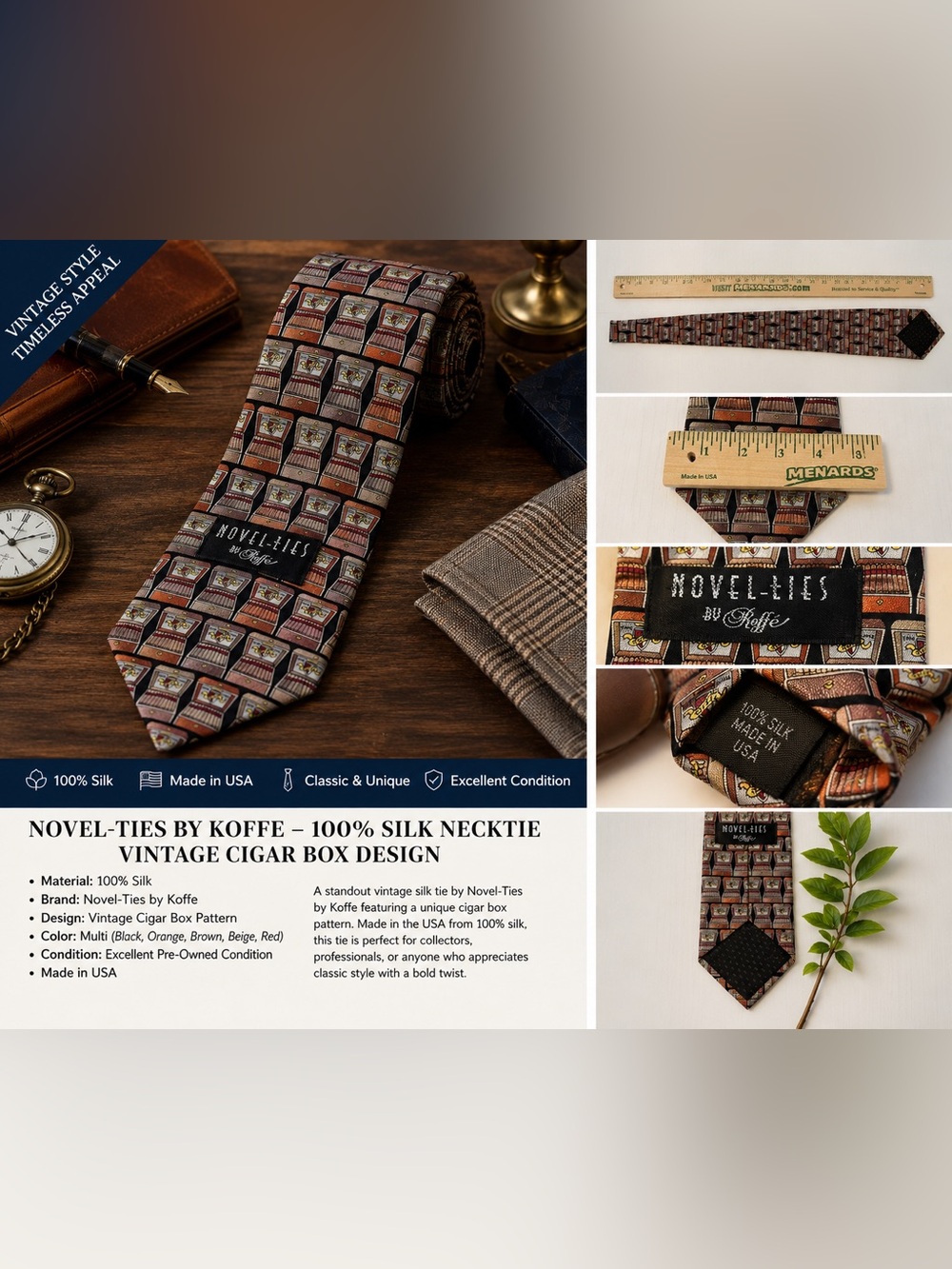 Novel-Ties by Koffe 100% Silk Necktie Cigar Box Print Made USA Wide Tie